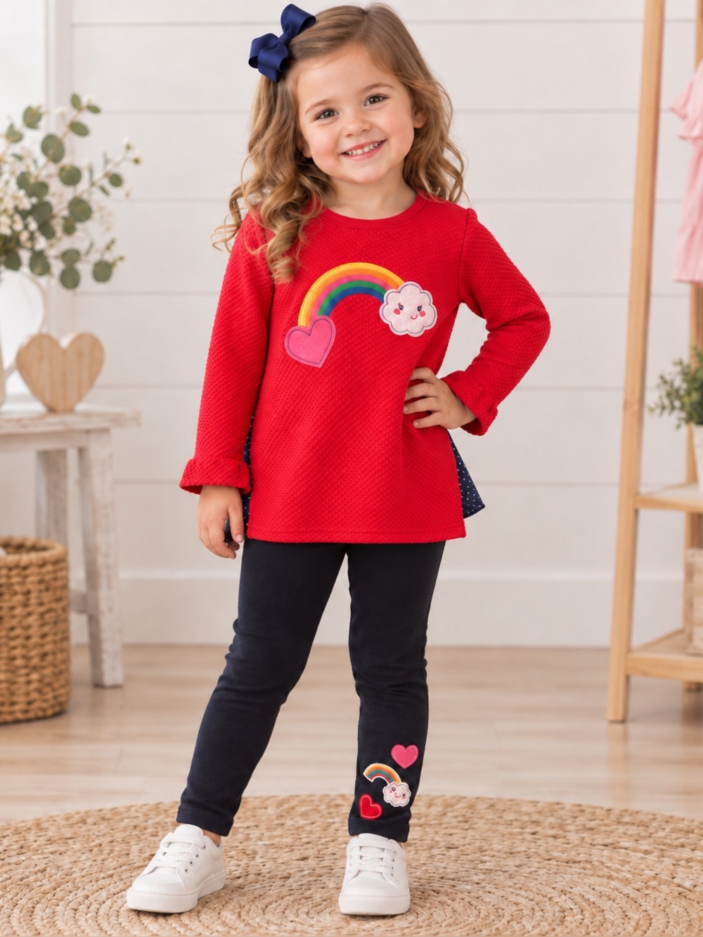 Nannette Kids Love Heart Cloud Rainbow Appliqué with Stretch Denim Leggings Set